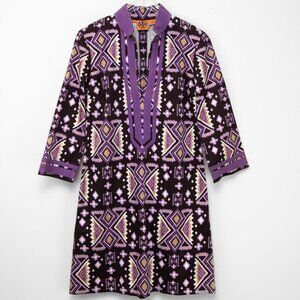 Tory Burch Caftan Dress Stretch Cotton Spandex Mini Ikat Pattern Purple Size 8